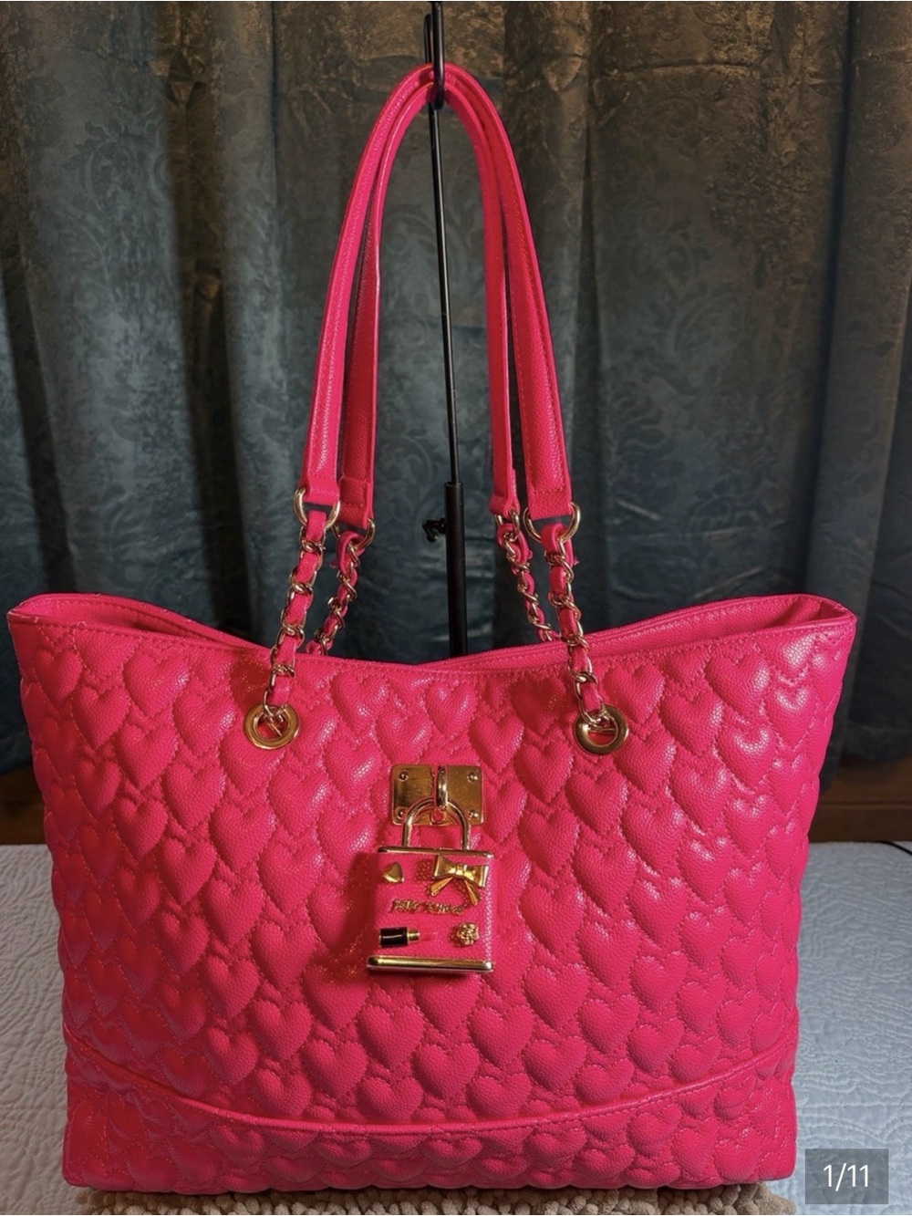 Betsey Johnson Hot Pink Quilted Heart Tote with Gold Hardware